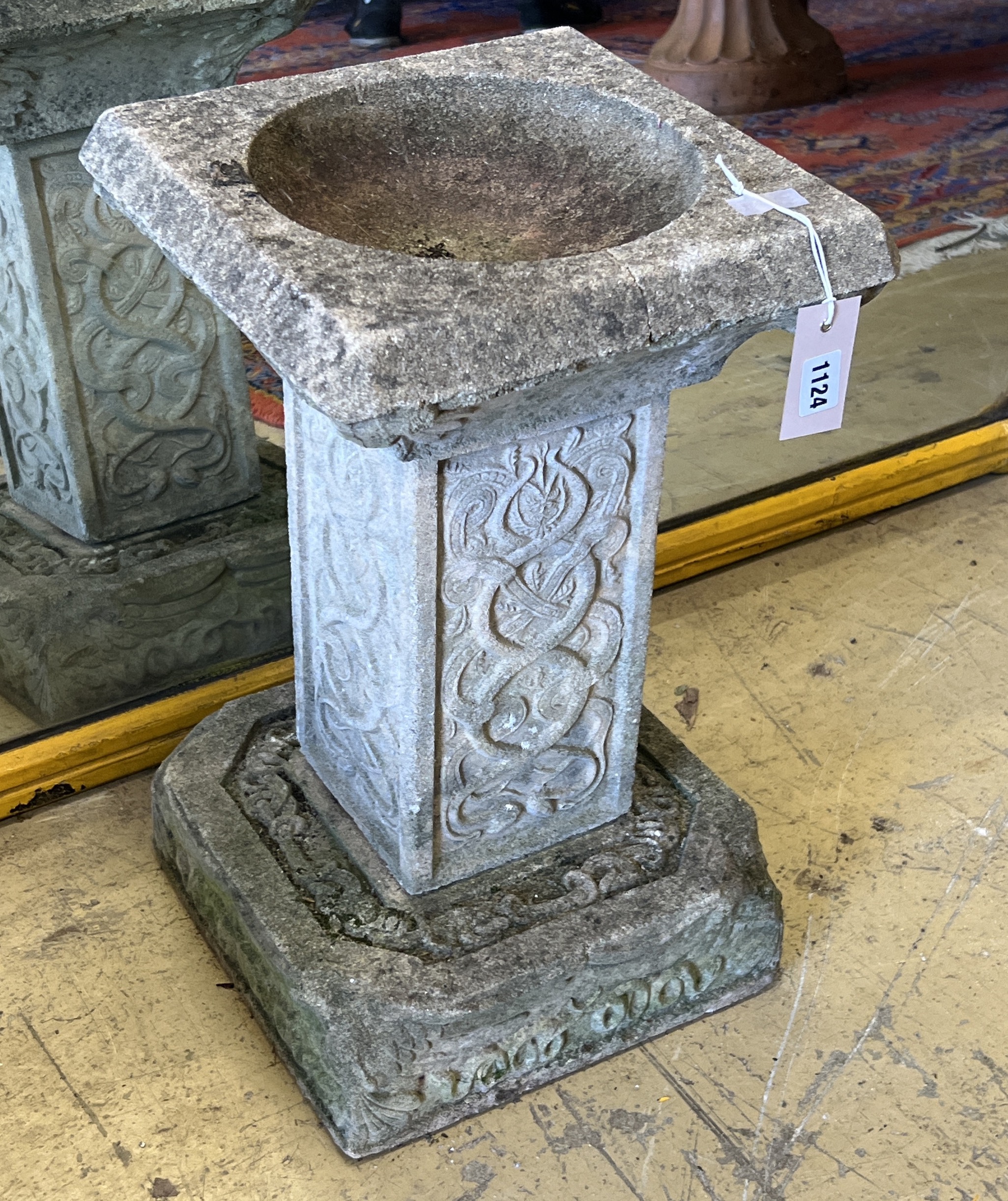 A square reconstituted stone garden bird bath, width 32cm, height 52cm